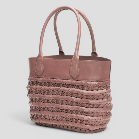 Rare FRYE Leather Woven Tote Shoulder Bag Satchel Taupe Basket Weave Boho - Picture 4 of 16